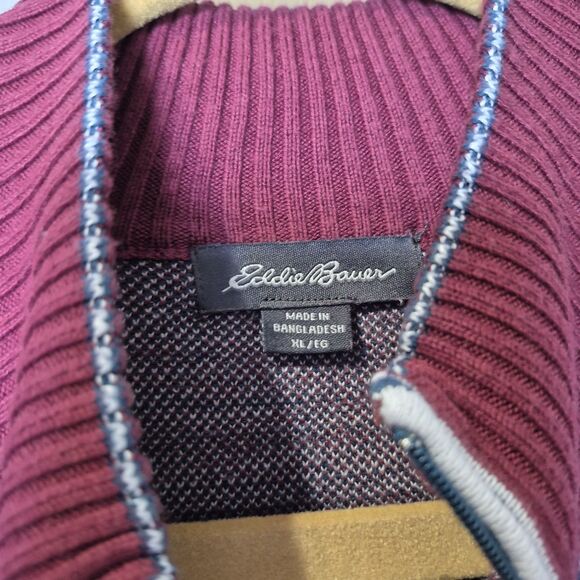 Eddie Bauer Sweater Women XL Burgundy Blue 1/4 Zip Nordic Tribal Aztec Pullover - Picture 3 of 6